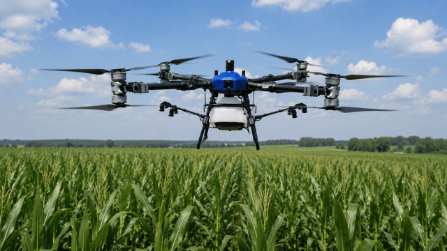 Terraplex R-40 spray drone with a blue canopy flying low over a green corn field under a blue sky